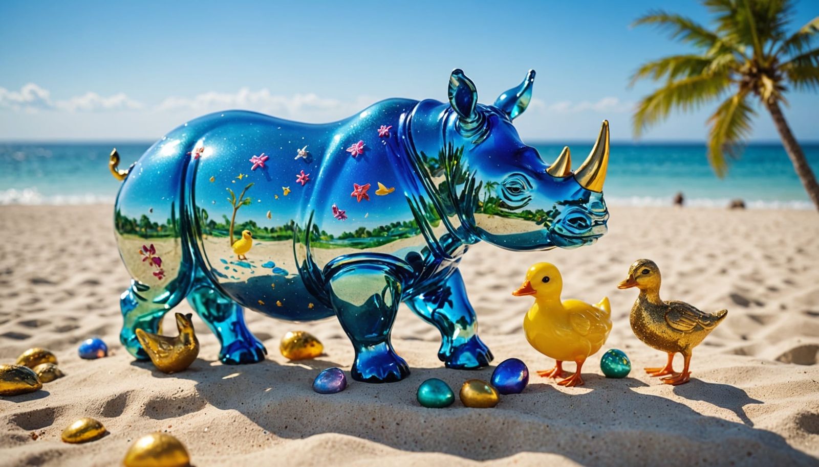Vibrant Beach Rhinoceros in Iridescent Glass