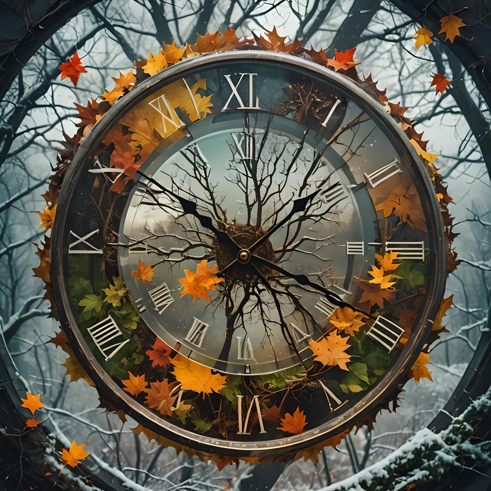 Four Seasons Double Exposure Clock: Cinematic Film Still