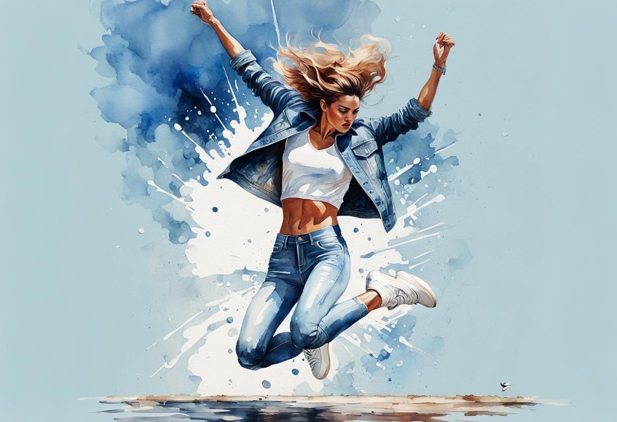 Woman Jumps Puddle: Detailed Watercolor Illustration