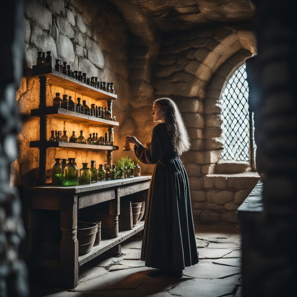 Futuristic Girl in Medieval Castle with Potions
