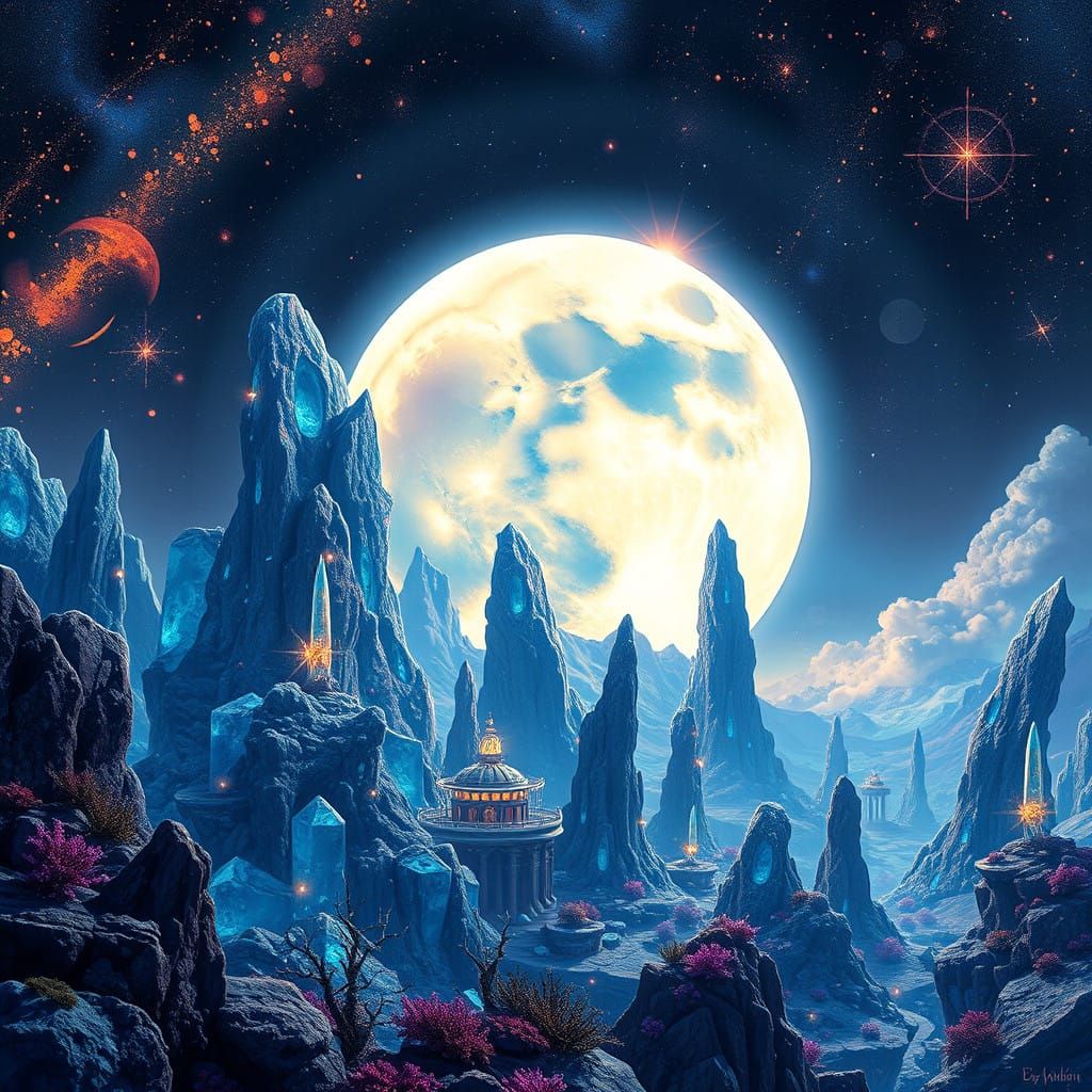 Luminous Crystal Planet Under Iridescent Supermoon