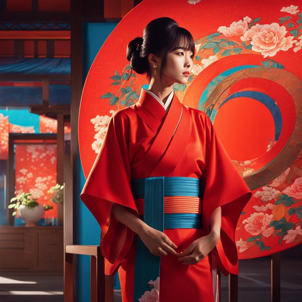 Woman in Red Kimono Against Swirling Backdrop