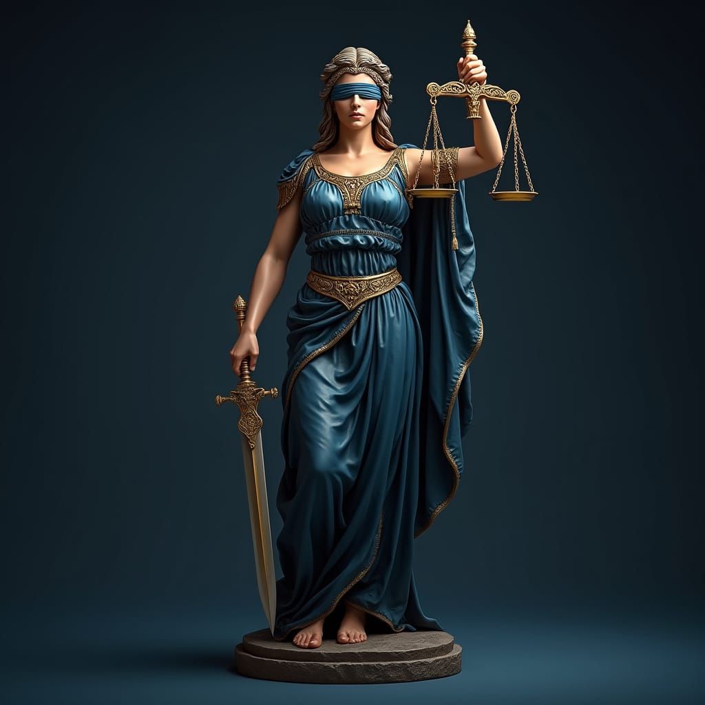 Themis: Corporate Goddess of Justice in Dark Blues and Gold