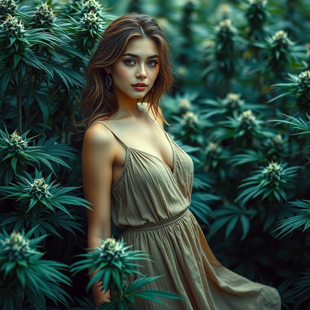 Model Among Cannabis Plants in Dreamlike Digital Art