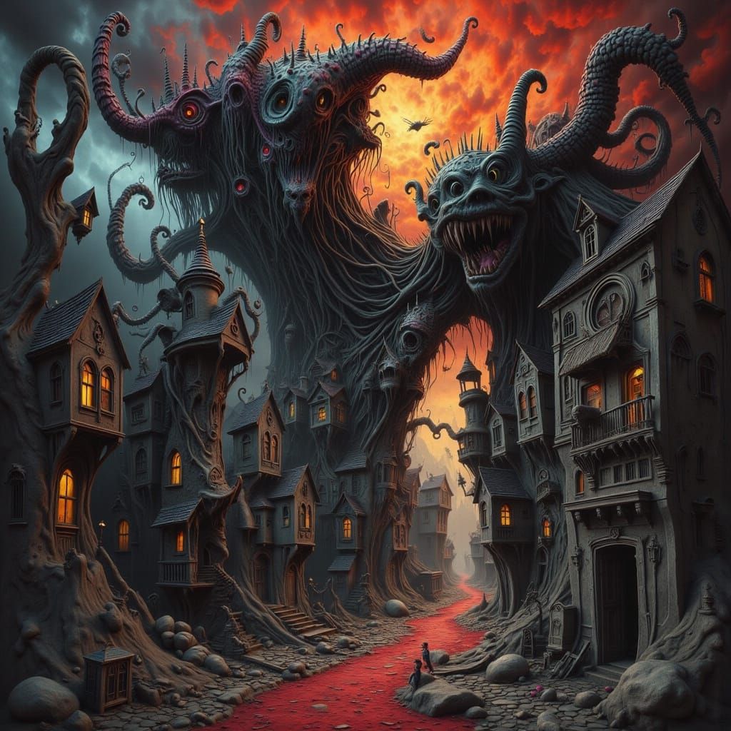 Dark Surreal Horror in Abstract Wonky Houses Style