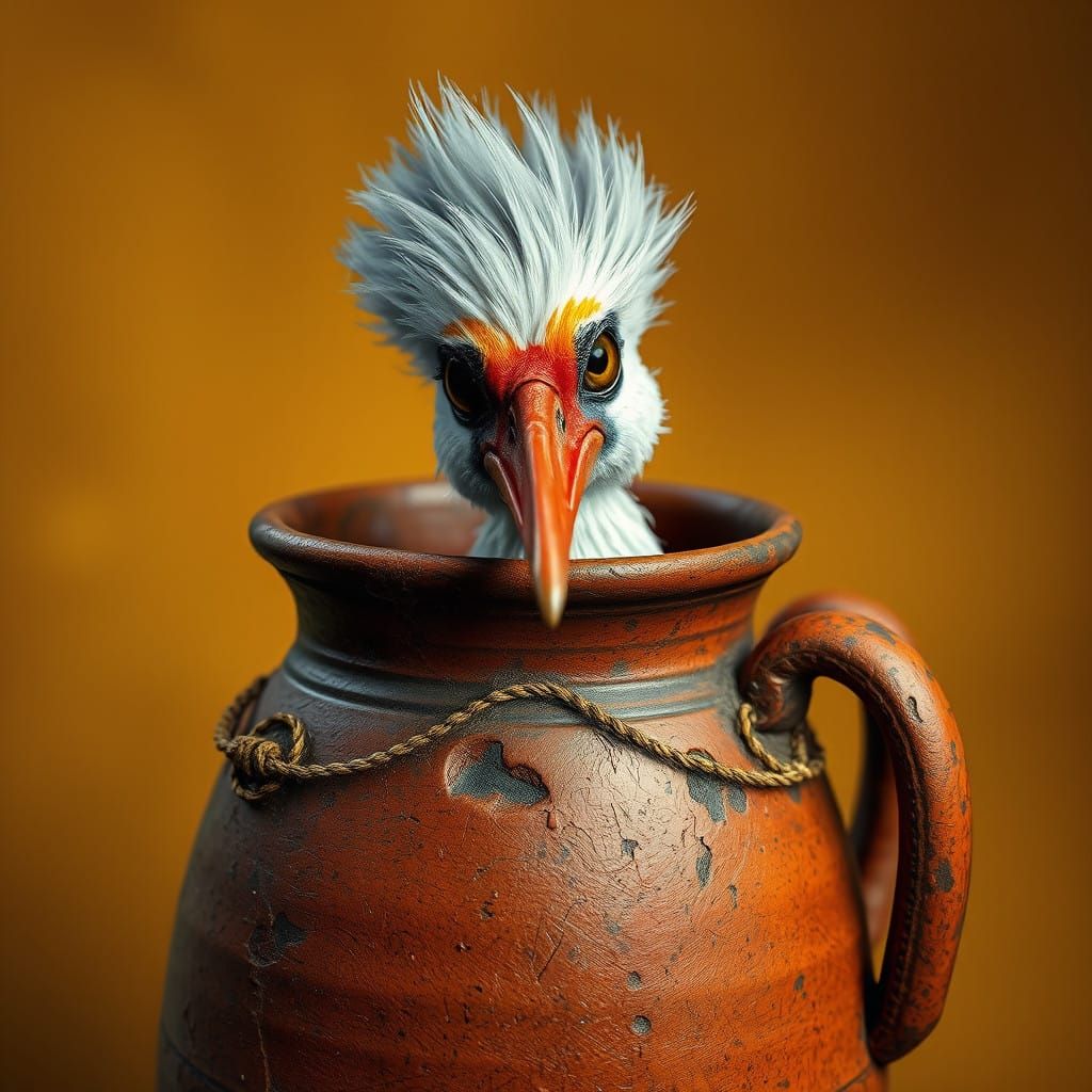 Stork Peeks Out of Ancient Terracotta Jug in Mystical Landsc...