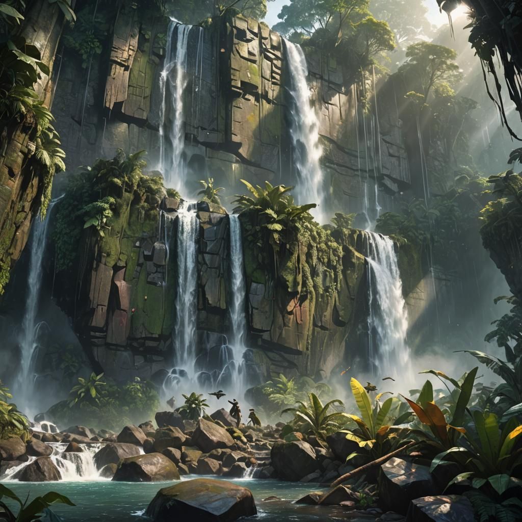 Amazon Waterfall Concept Art with Exotic Wildlife