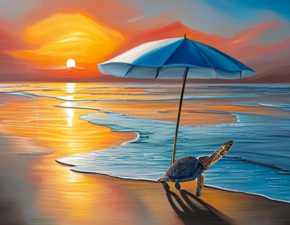 Sunrise Beach Scene with Sea Turtle in Complementary Colors