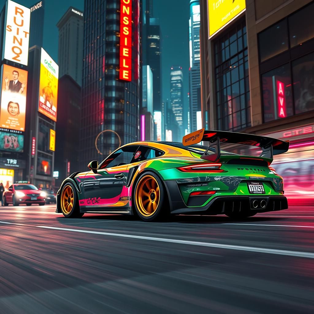 Porsche GT3RS Cruises Neon Cityscape in Digital Art Style