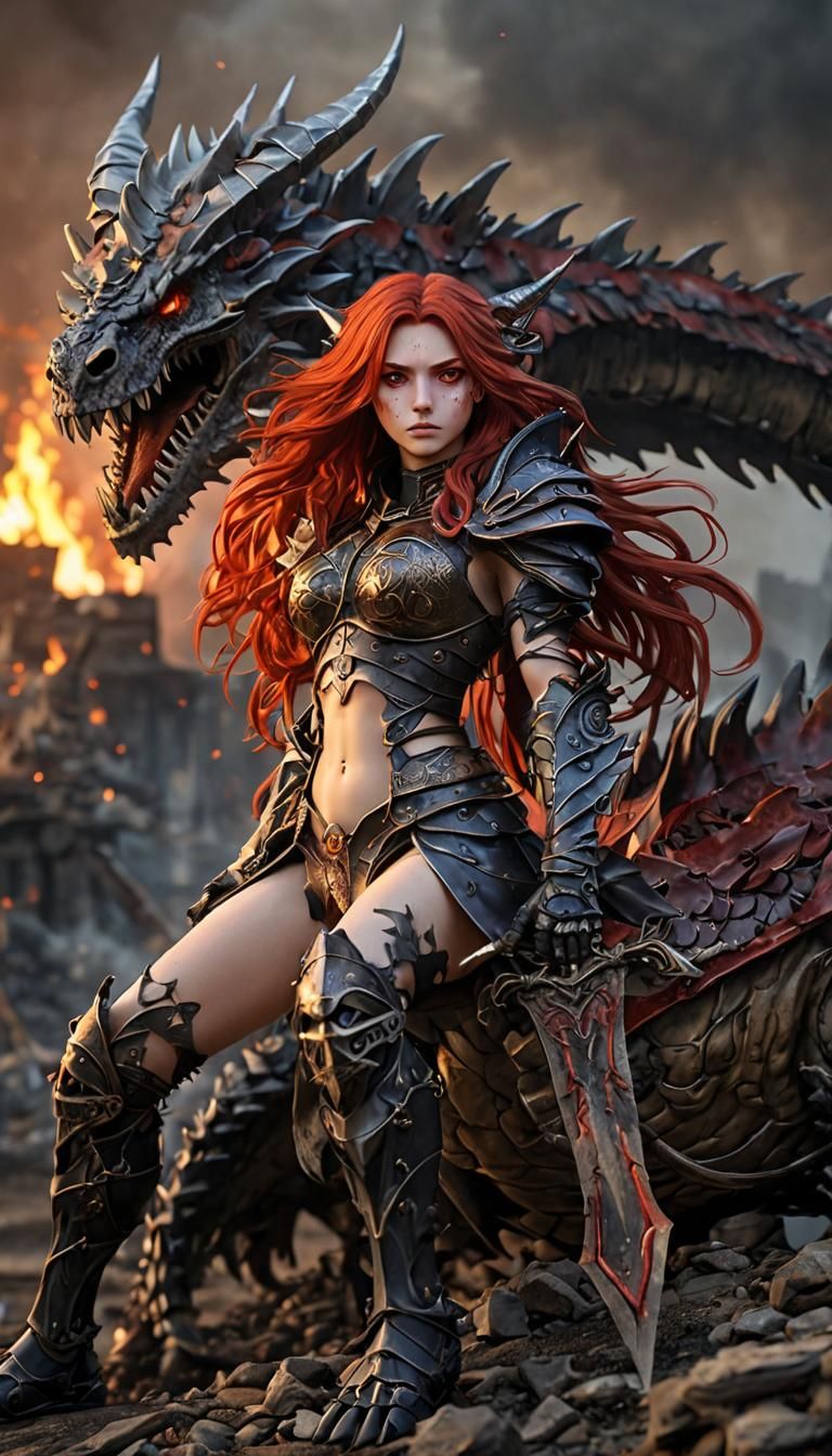 Anime Warrior Princess Conquers Dragon on Battlefield