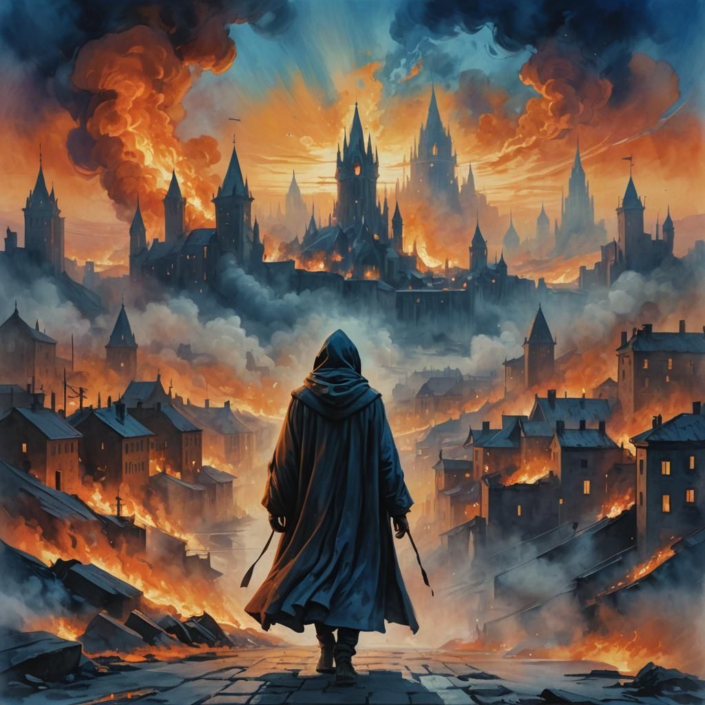 Lone Figure Walks Away From Burning City