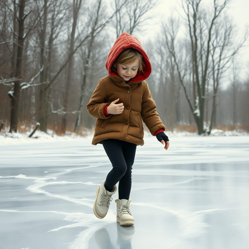 Girl Gliding on Frozen Lake in Winter Wonderland
