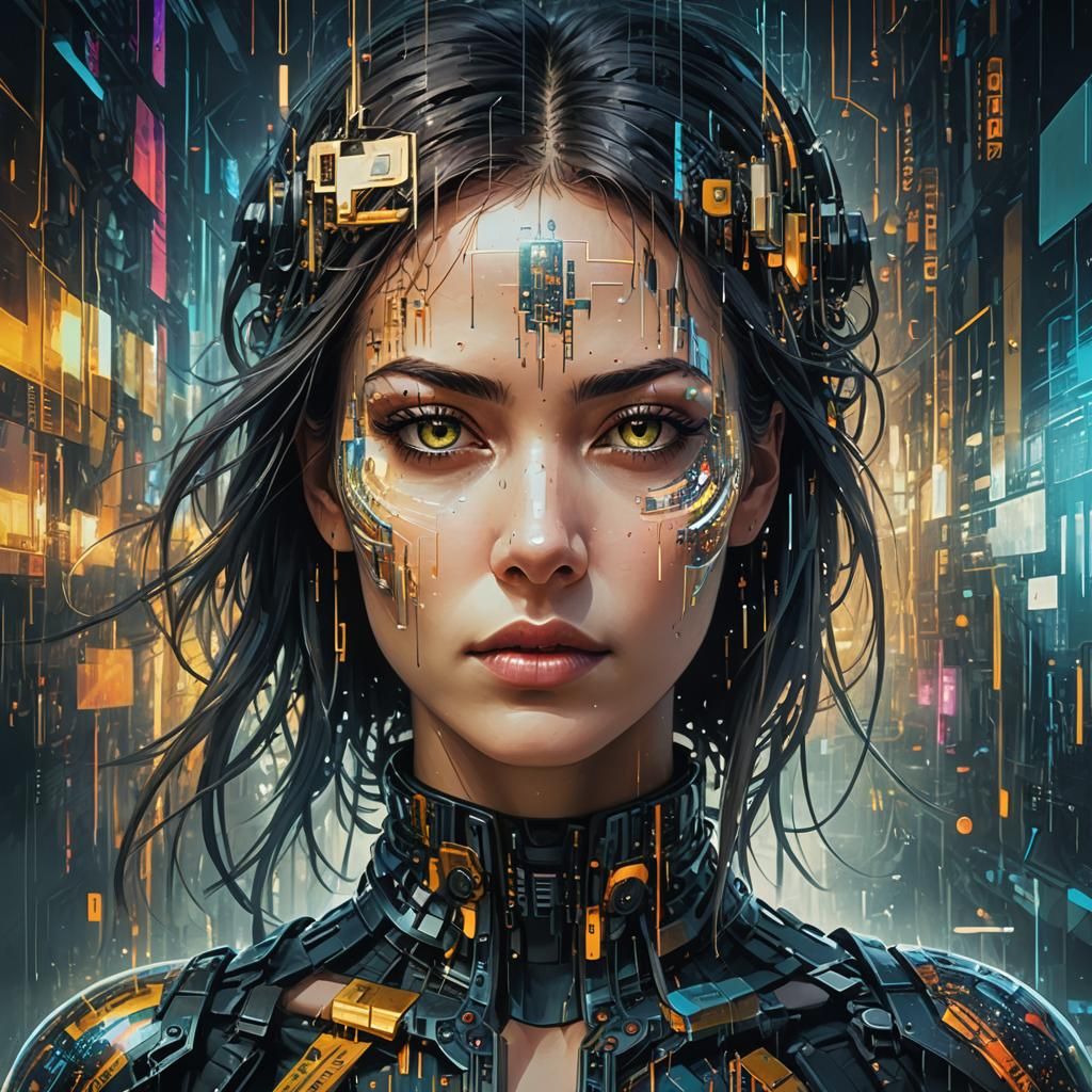 Cyberpunk Girl Double Exposure in Surreal Steppe