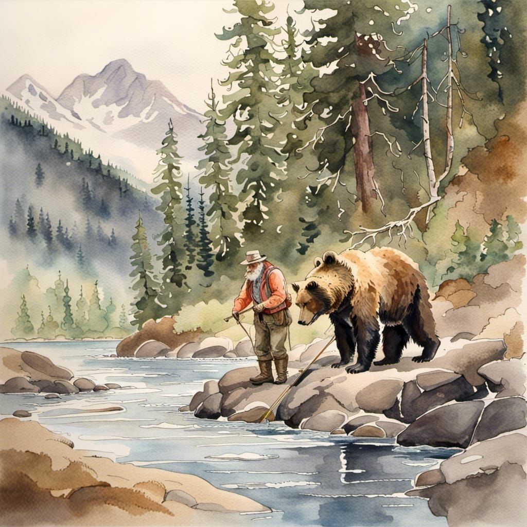 Prospector and Bear Fishing: Delicate Watercolor Painting
