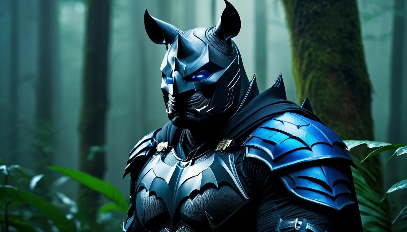 black rhinoceros dressed as Batman standing in the amazon fo...