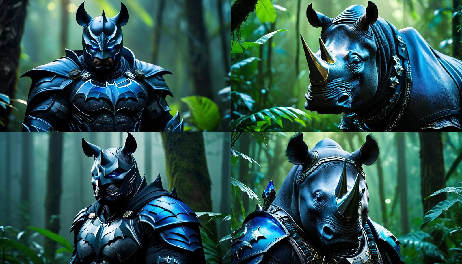 black rhinoceros dressed as Batman standing in the amazon fo...