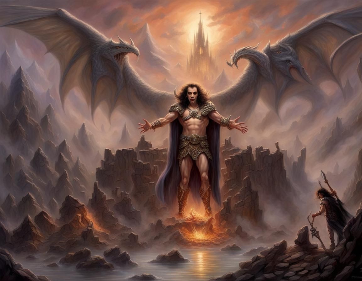 Fantasy King on Throne with Angels and Demons