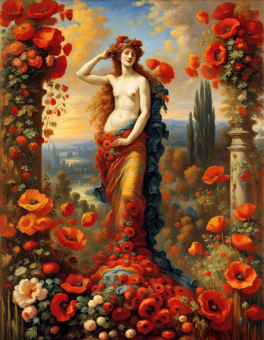 Venus Statue Adorned with Poppies: Surreal Digital Art