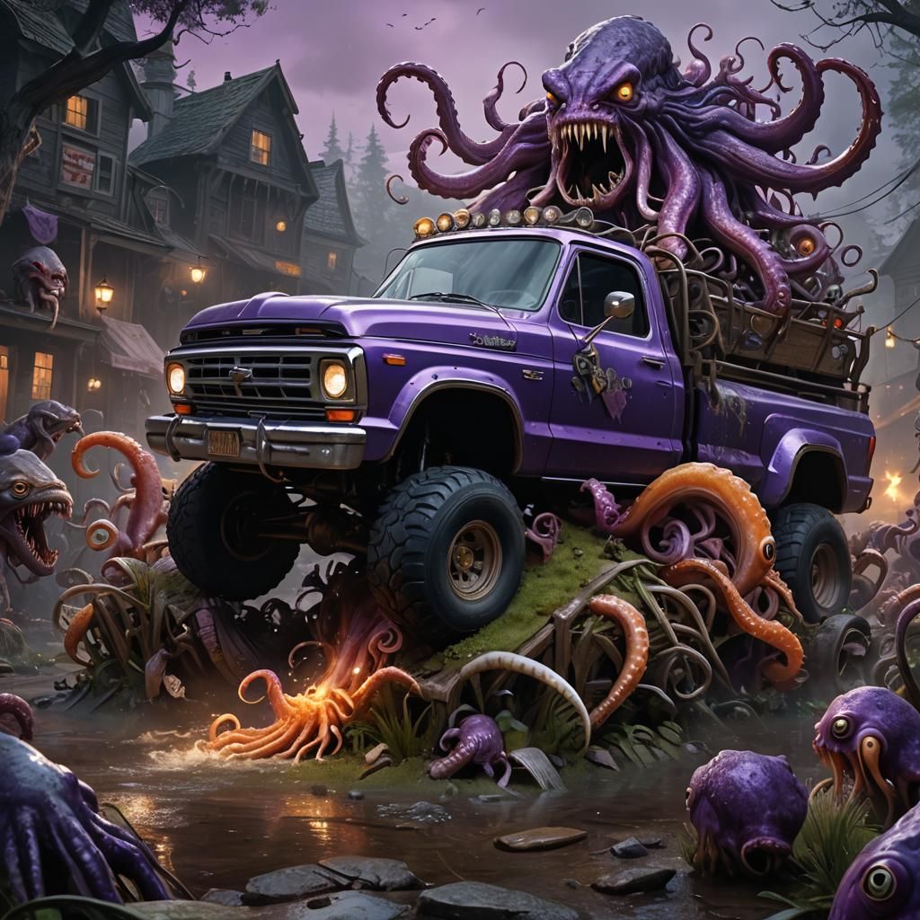 Redneck Truck vs Monster Horde: Dark Fantasy Concept Art