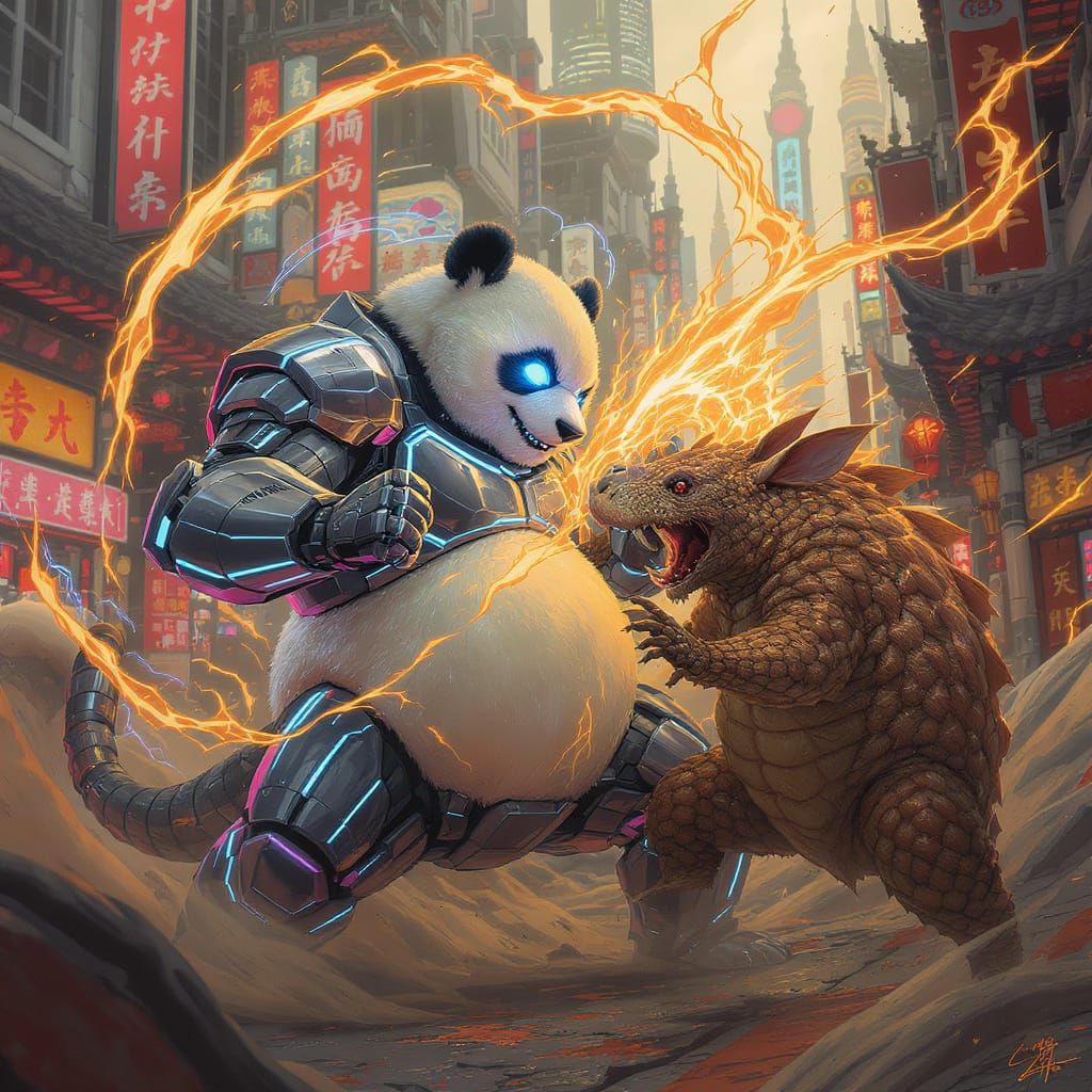 Cyberpunk Panda Kung-Fu Fight in Asian Cityscape