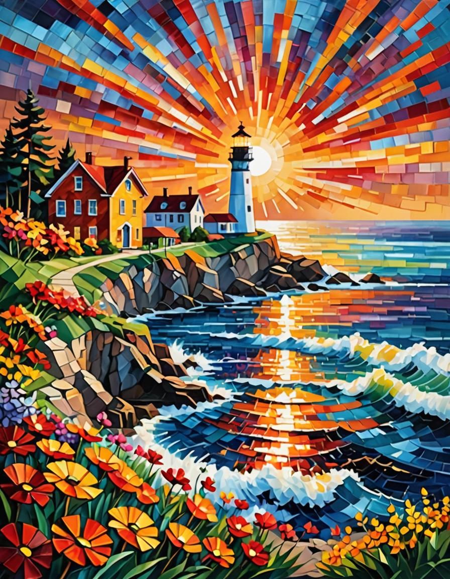 Lighthouse Sunset: Mosaic and Flat Illustration Style