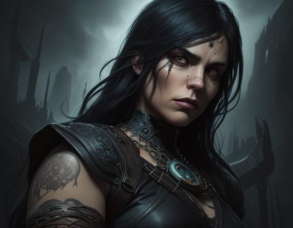 Dark Fantasy Portrait. Close-up. Velma Dinkley, a strong and lonely BBW lady, in a post-apocalyptic world, wearing a tor...