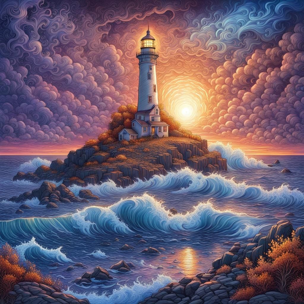 Autumn Seascape Lighthouse in Detailed Line Art