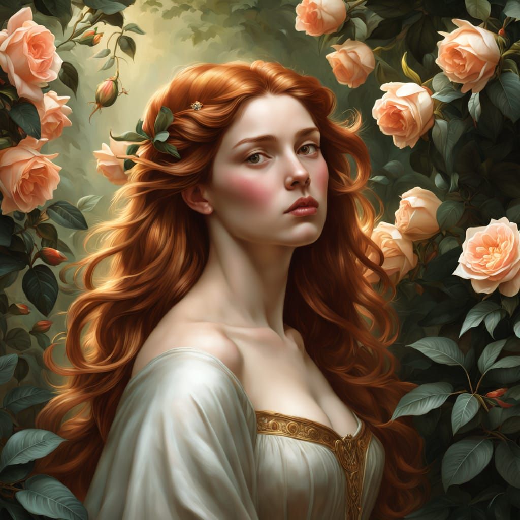 Woman Amidst Honeysuckle and Peach Roses in Soft, Dreamlike ...