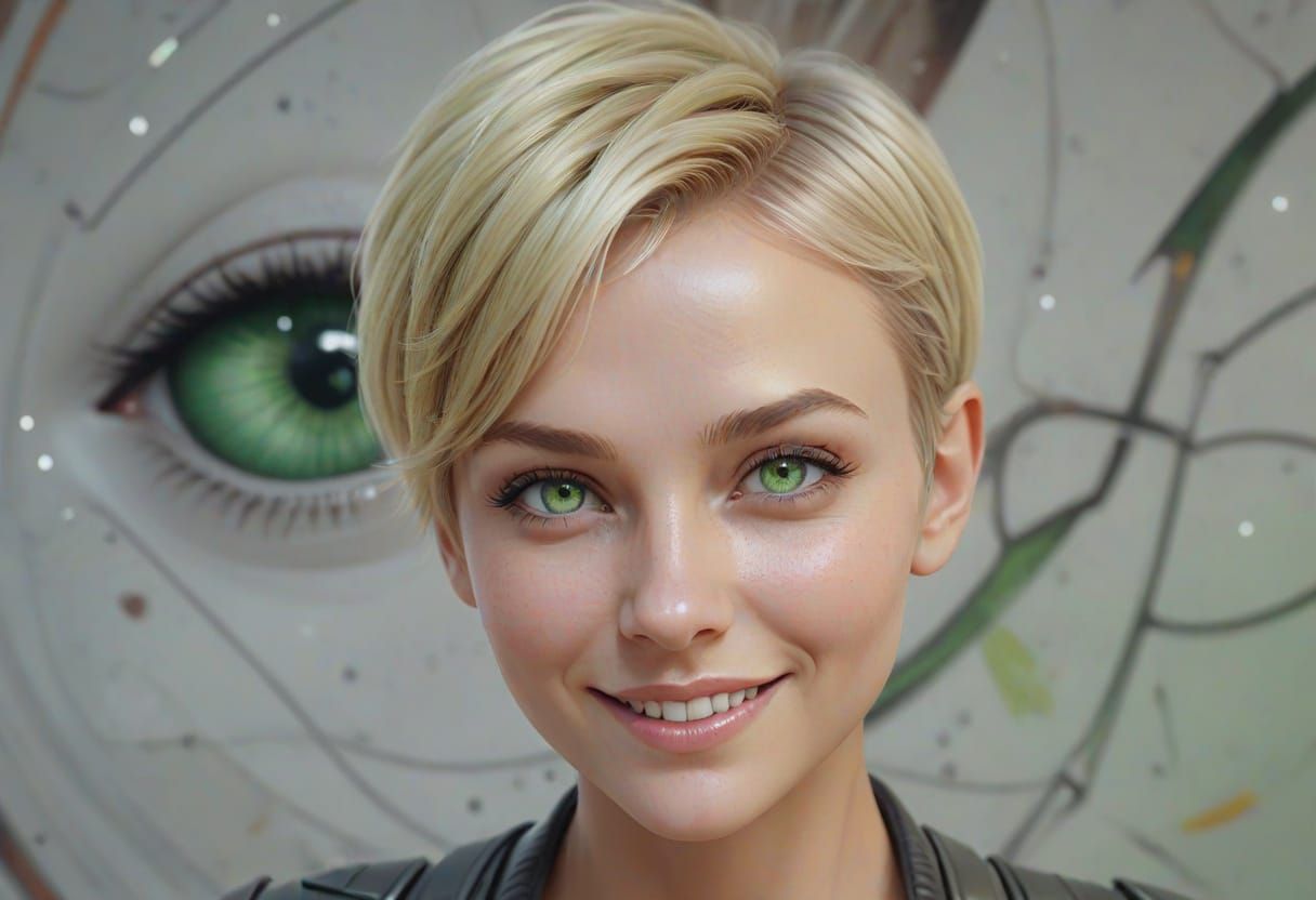 Pixie Woman with Sci-Fi Mural: Hyperrealistic Concept Art