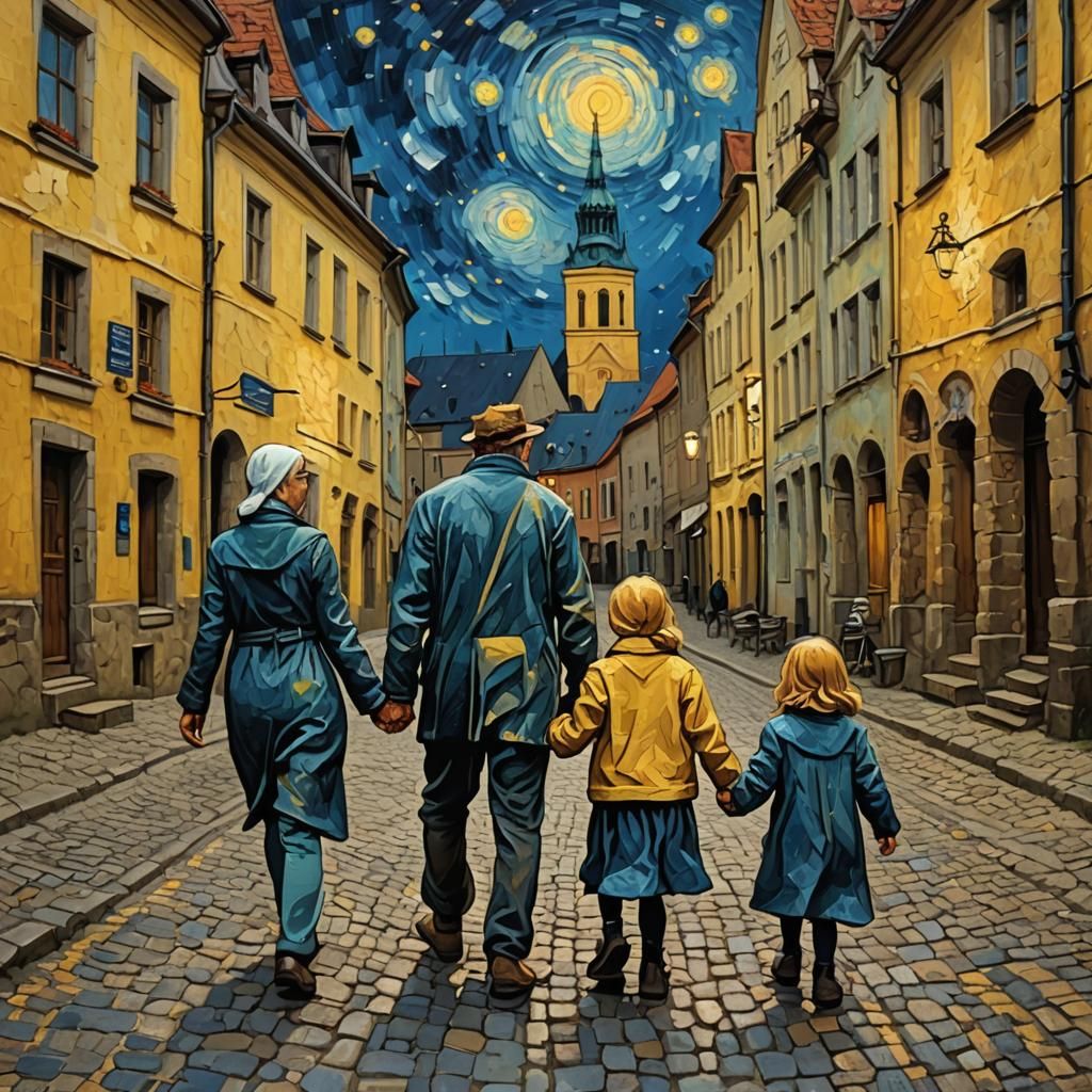 Family Stroll in Goerlitz: Van Gogh Style Impasto Painting