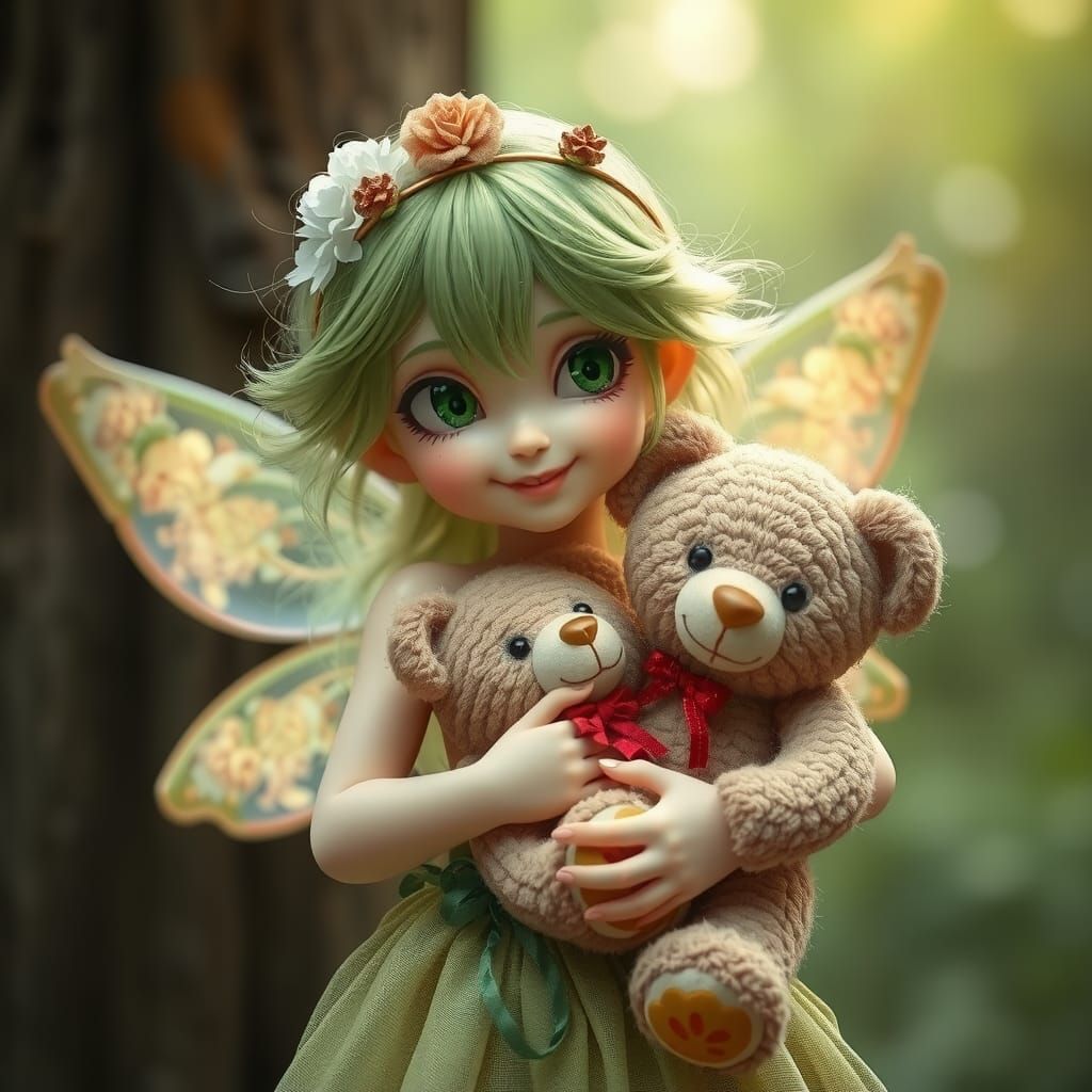 Green Haired Fairy with Teddy Bears
