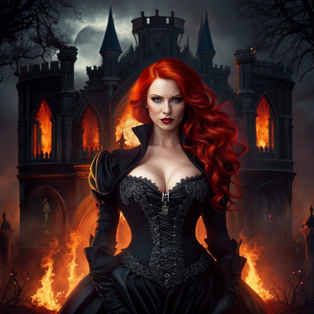 Redhead Vampire in Burning Castle, Hyperrealistic