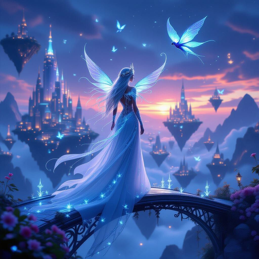 Ethereal Elven Princess on Crystalline Bridge in Twilight Ci...