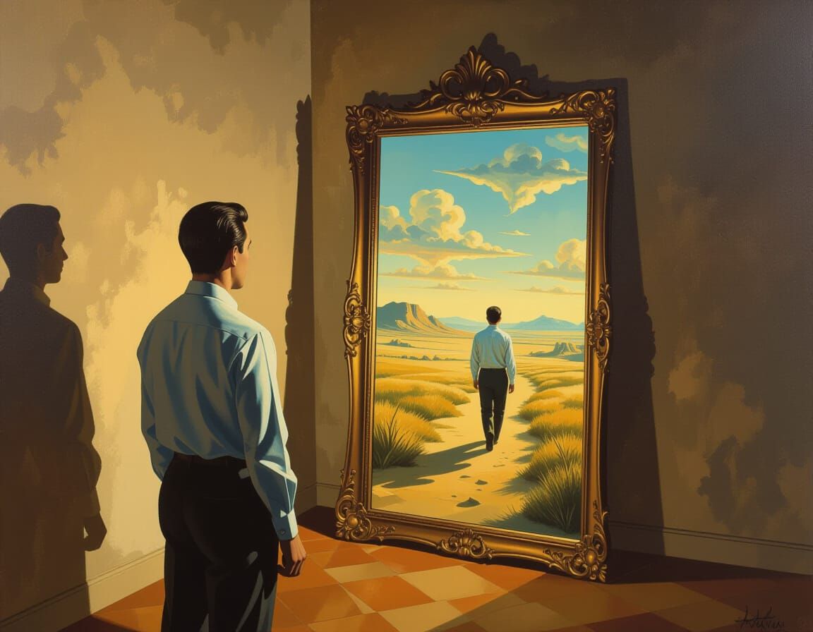 Dalí Inspired Surreal Painting: Man Sees Younger Self in Mir...