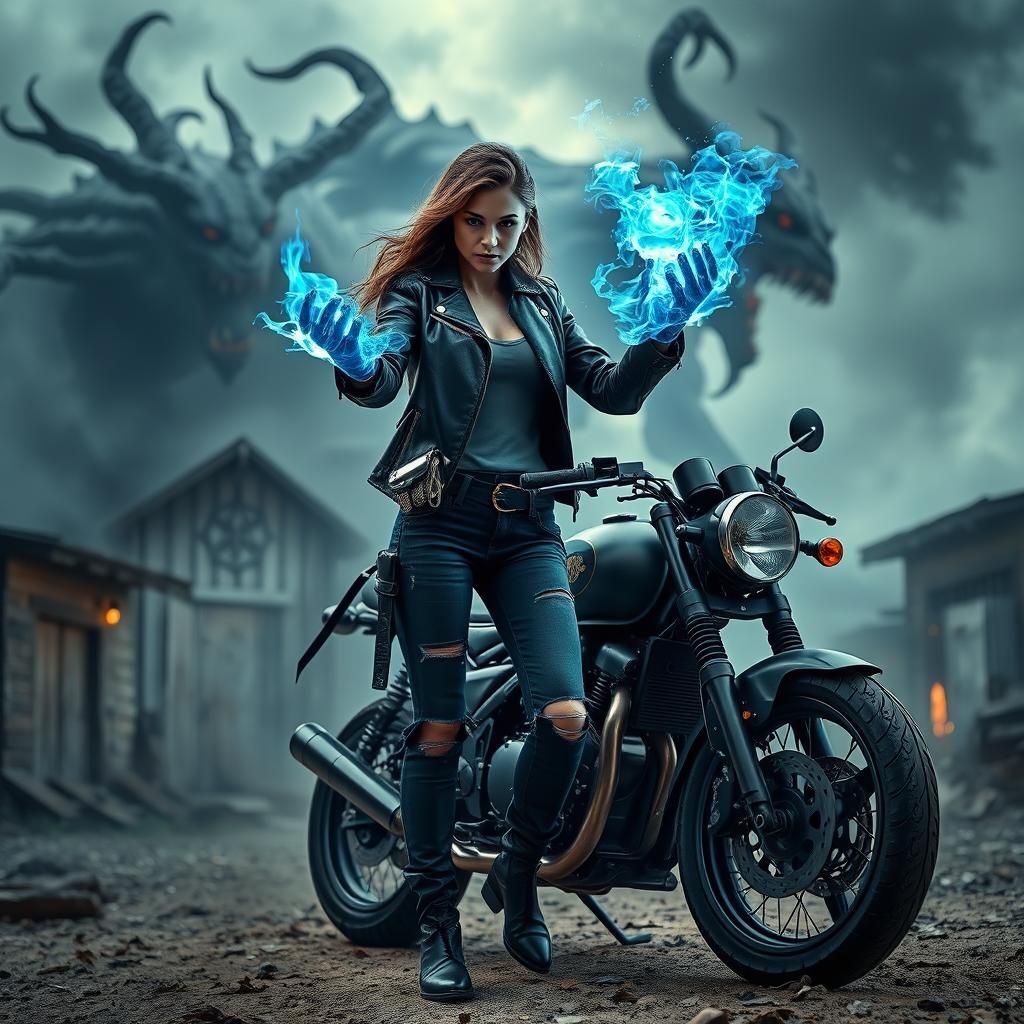Female biker chick dressed in leathers, casting spell with b...