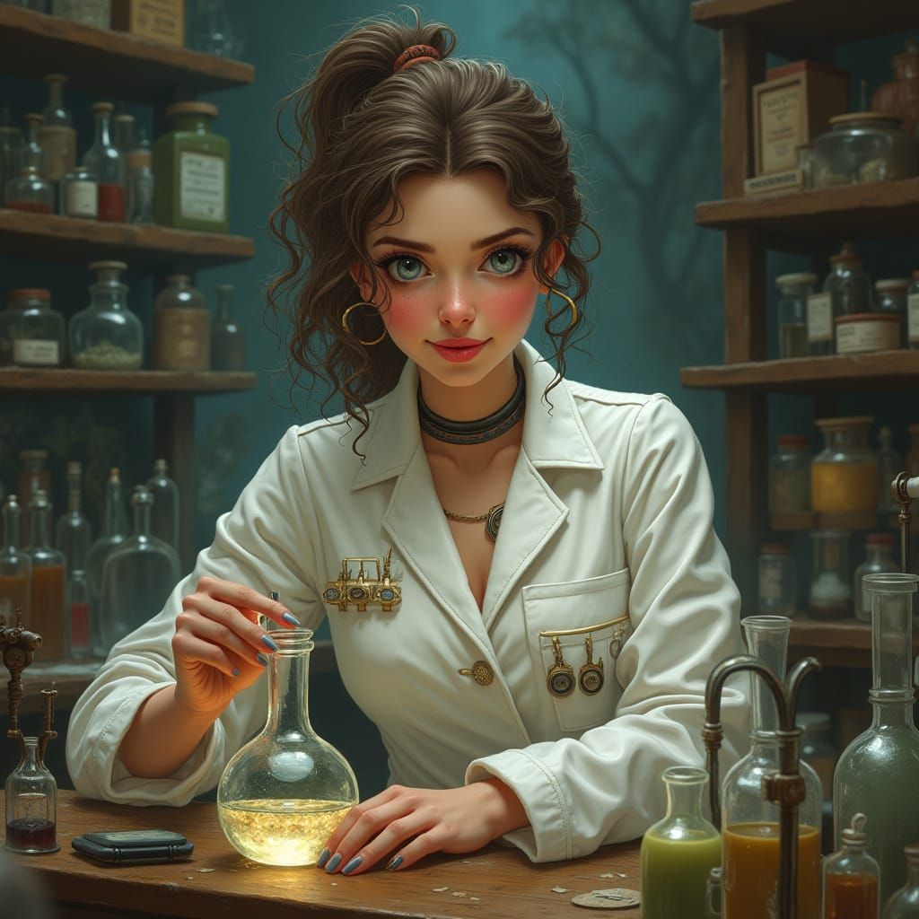 Romanticized Female Alchemist at Work