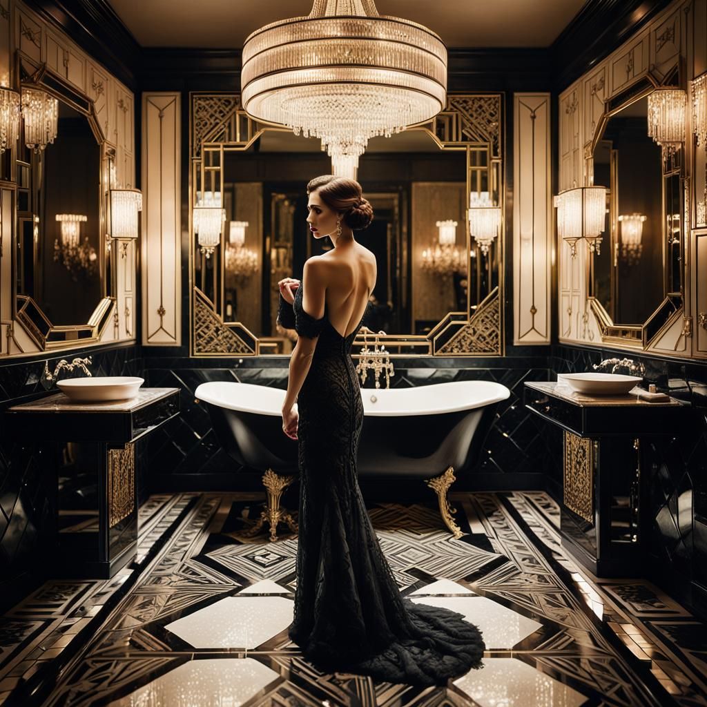 Elegant Woman in Luxurious Art Deco Bathroom