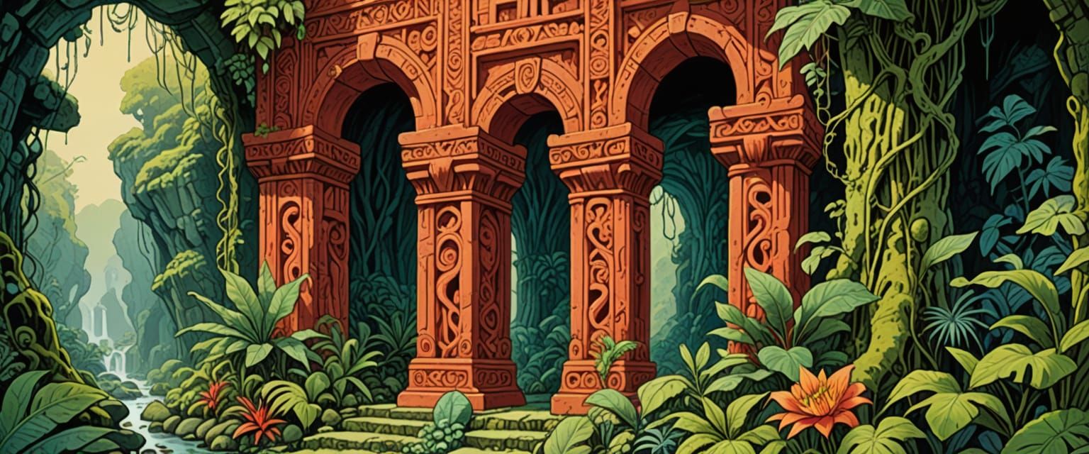 Exotic Papua New Guinea Tiki Tunnels in Gouache