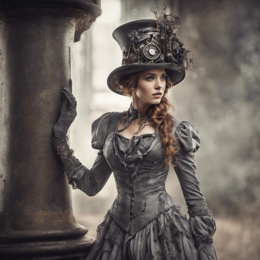 Steampunk Woman in Neo-Victorian Square Action Photo