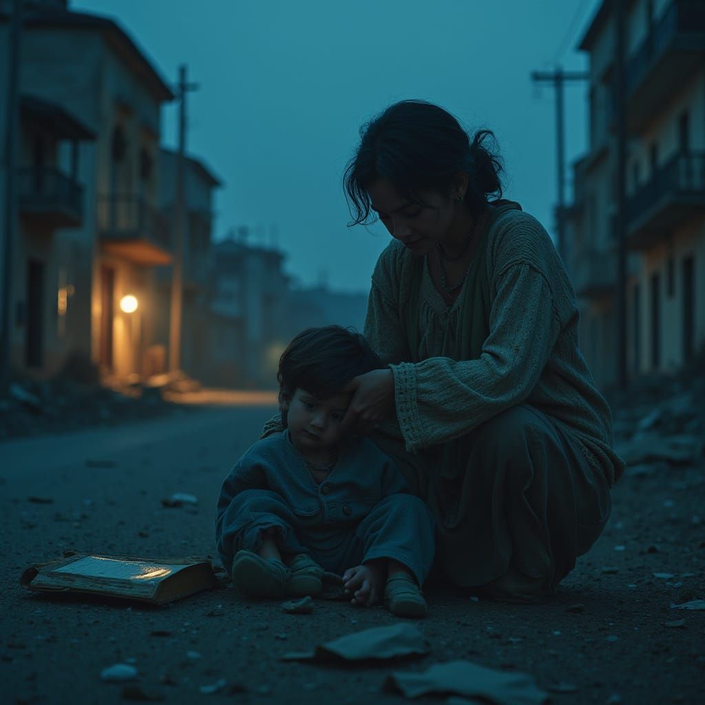 Uma paisagem urbana devastada pela guerra à noite, com edifícios em ruínas e fogo queimando ao longe. Uma mulher com um ...