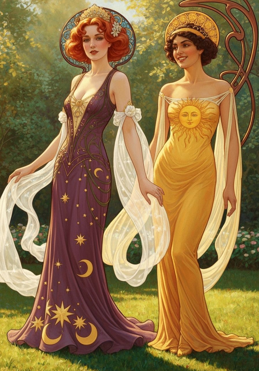 Art nouveau woman representing night greeting an art nouveau...