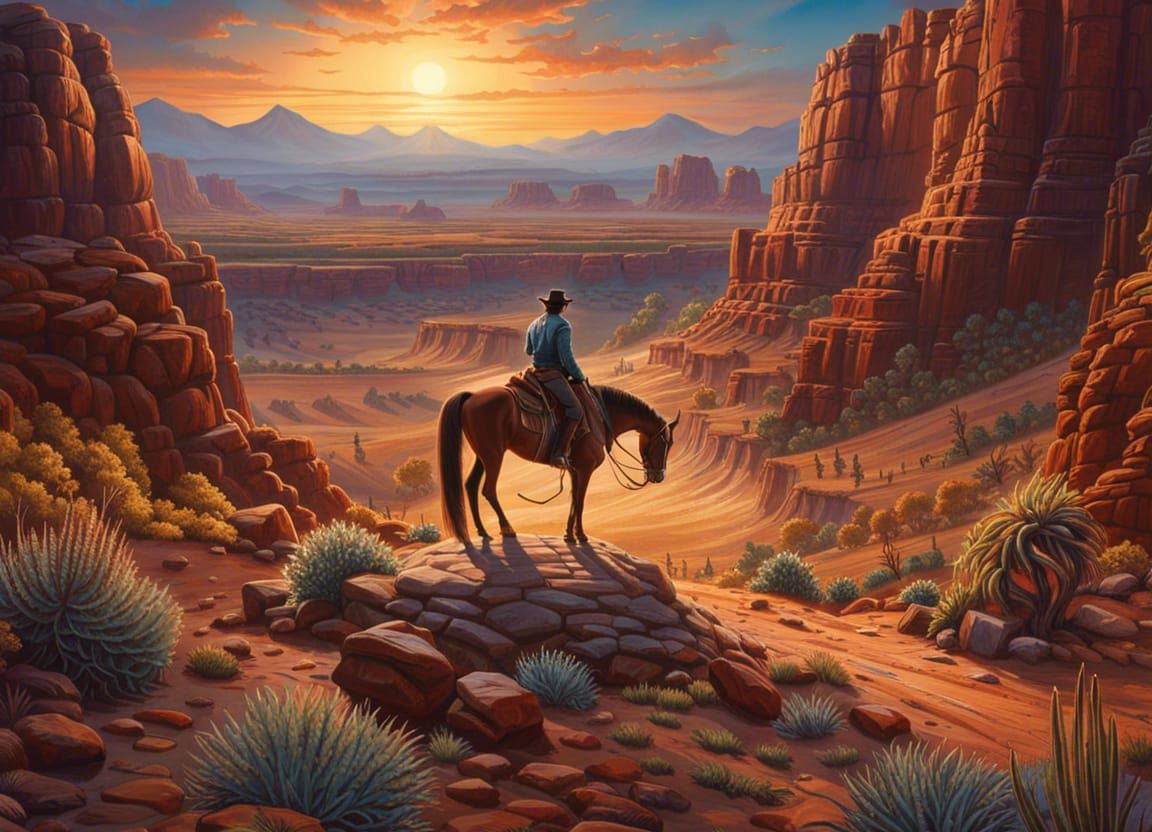 Cowboy on Horseback at Sunset in Wild West Canyon
