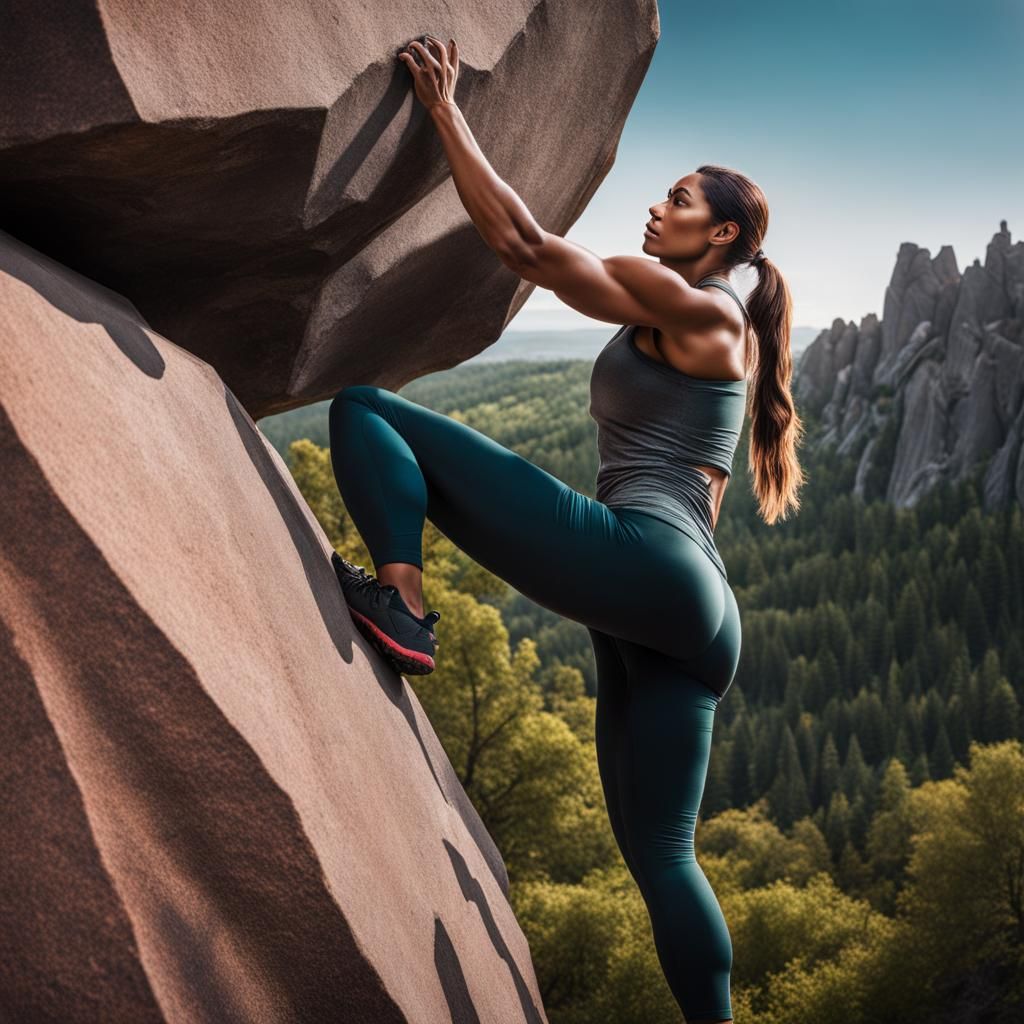 Woman Bouldering Outdoors in Hyperrealistic Style