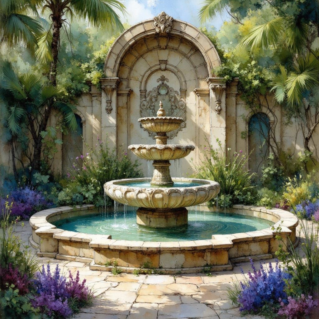 Intricate Marble Fountain in a Hidden Garden