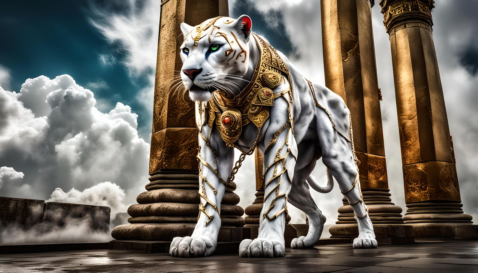 Chained White Panther Warrior King in Gold Armour