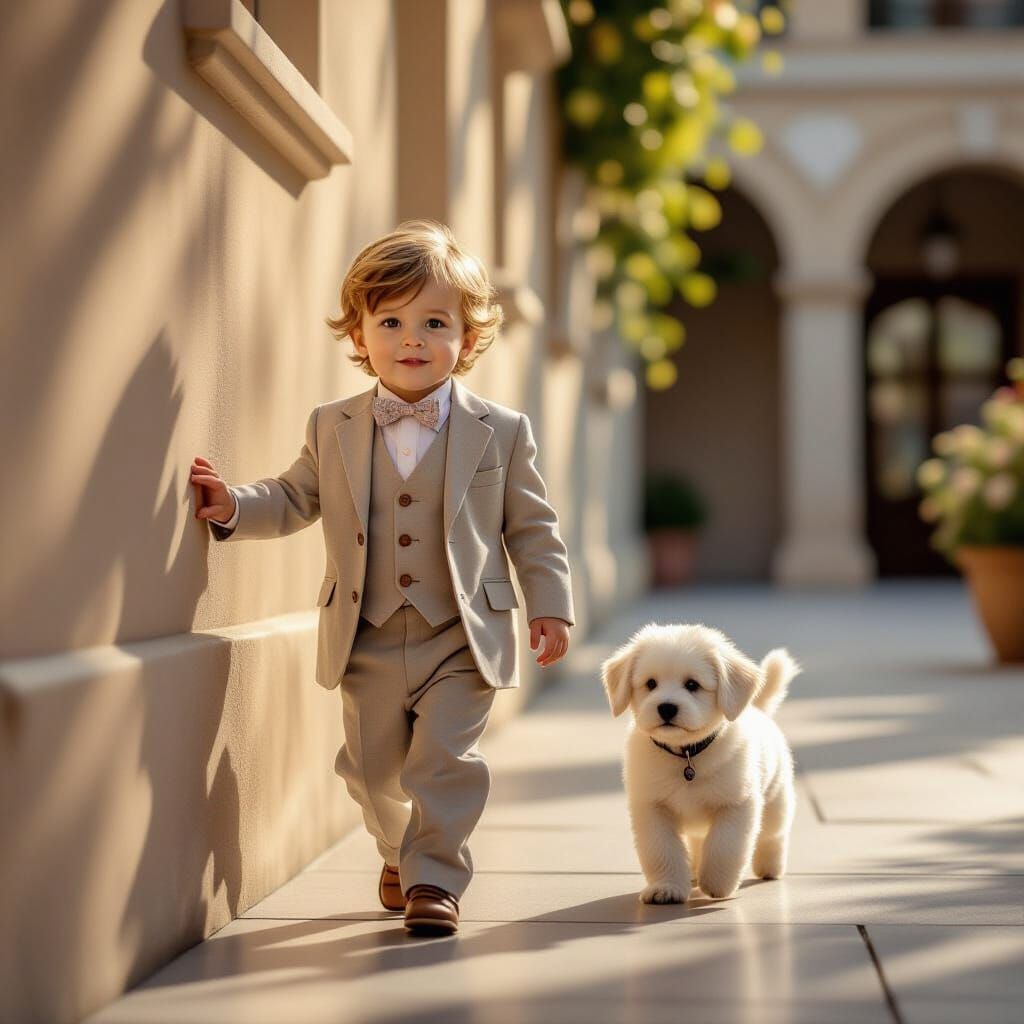 Photorealistic 3D Render: Boy and Puppy in Morning Light