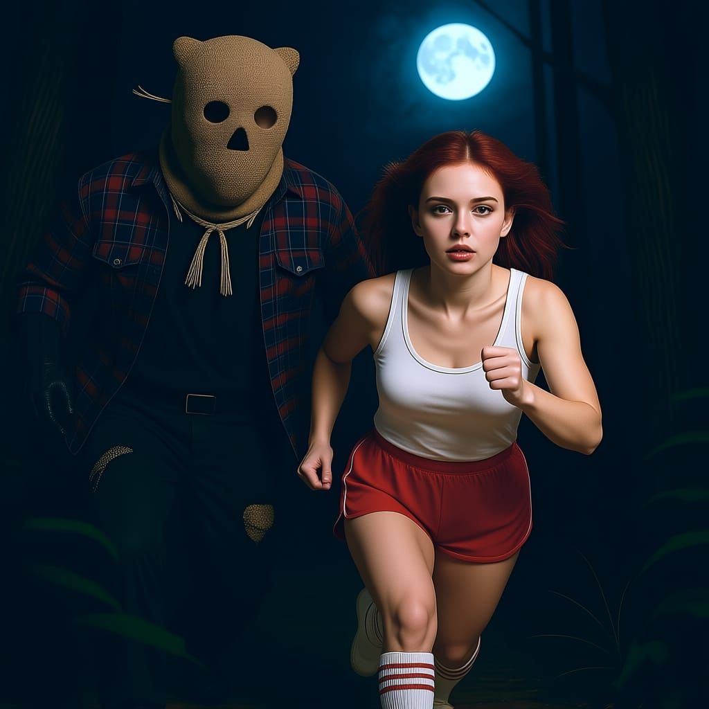 90s Horror Final Girl Flees Forest Killer