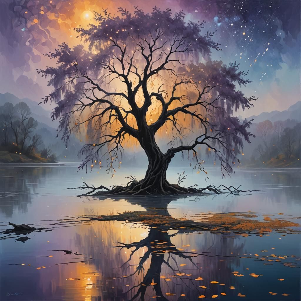 Misty Lake Willow Tree, Fantasy Oil Painting