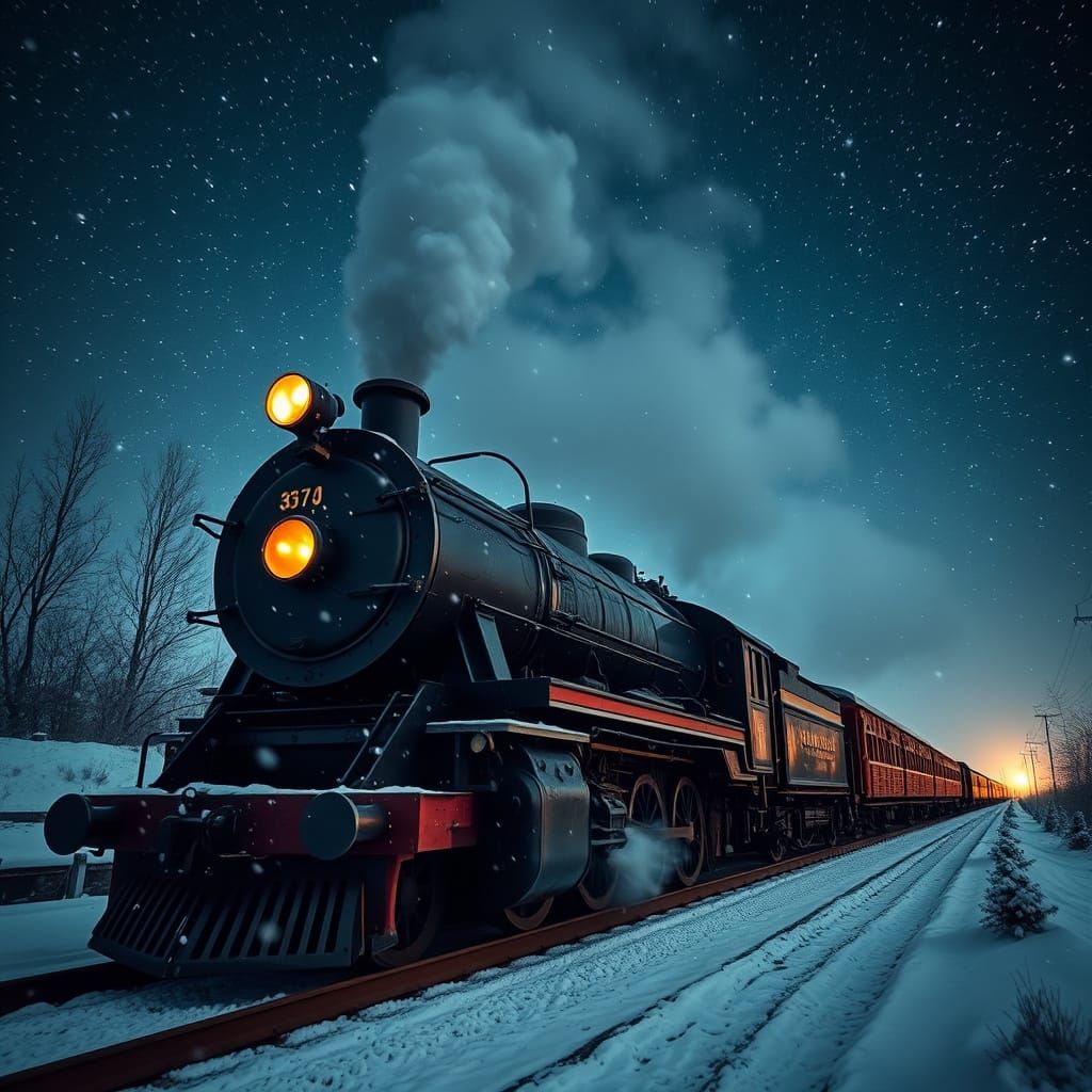 Vintage Steam Train Under Starry Night Sky
