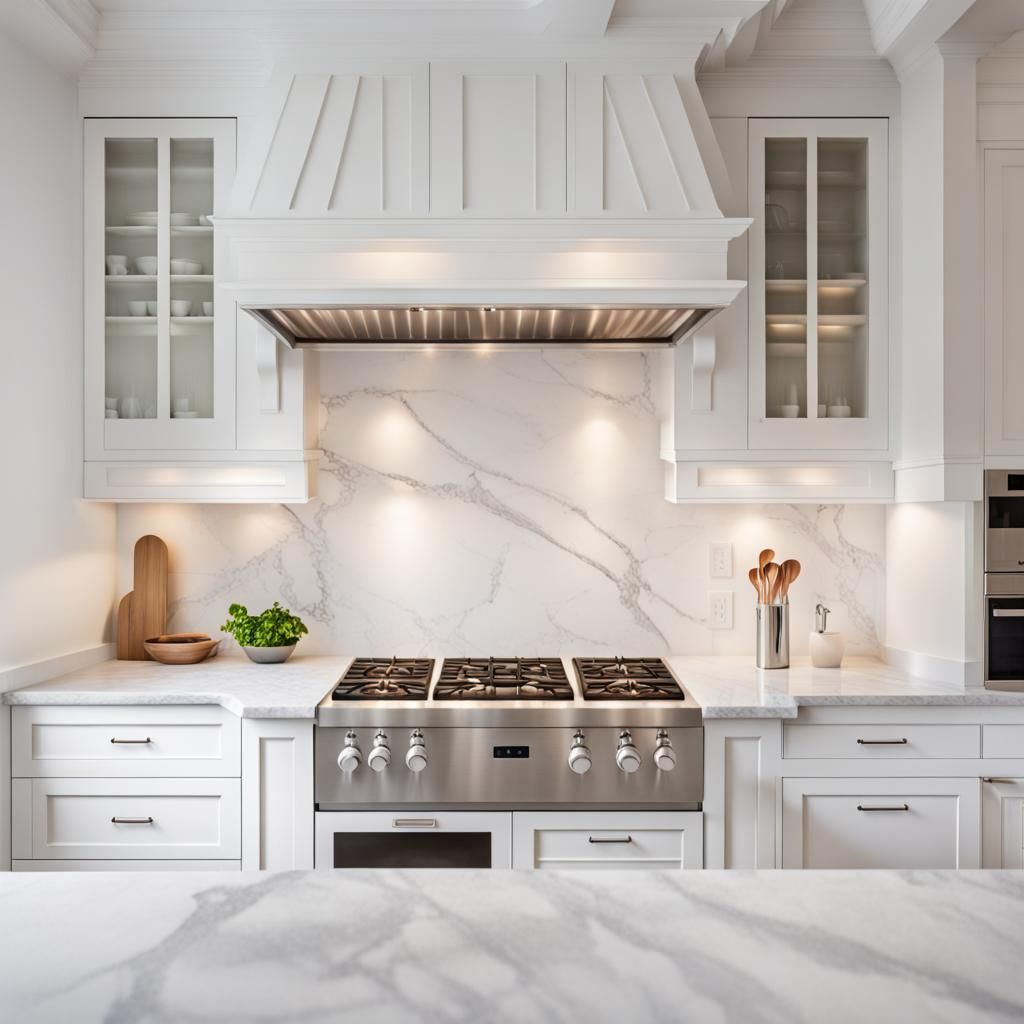 Elegant White Kitchen with Marble in Natural Lighting